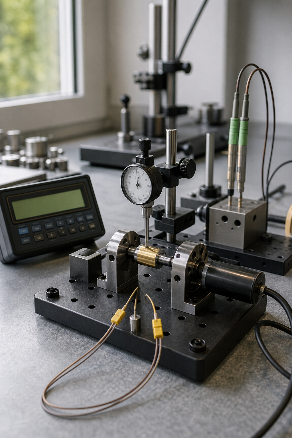 Calibration bench with measurement gauge and wax motor test fixture