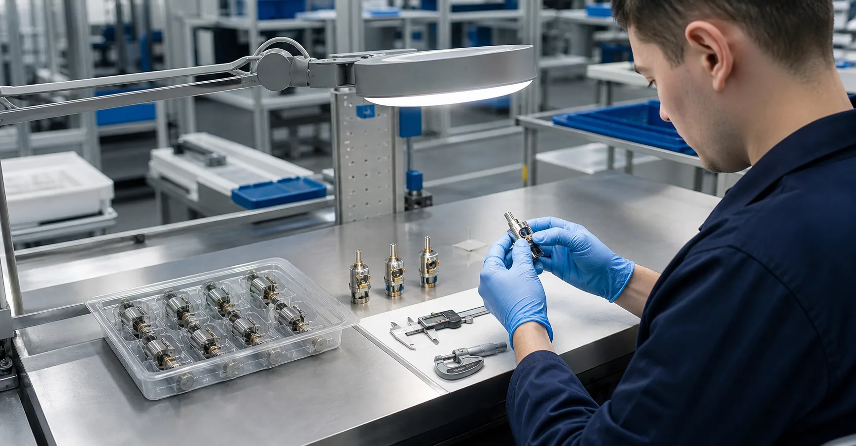 Technician conducting final inspection of wax motor thermoactuator components
