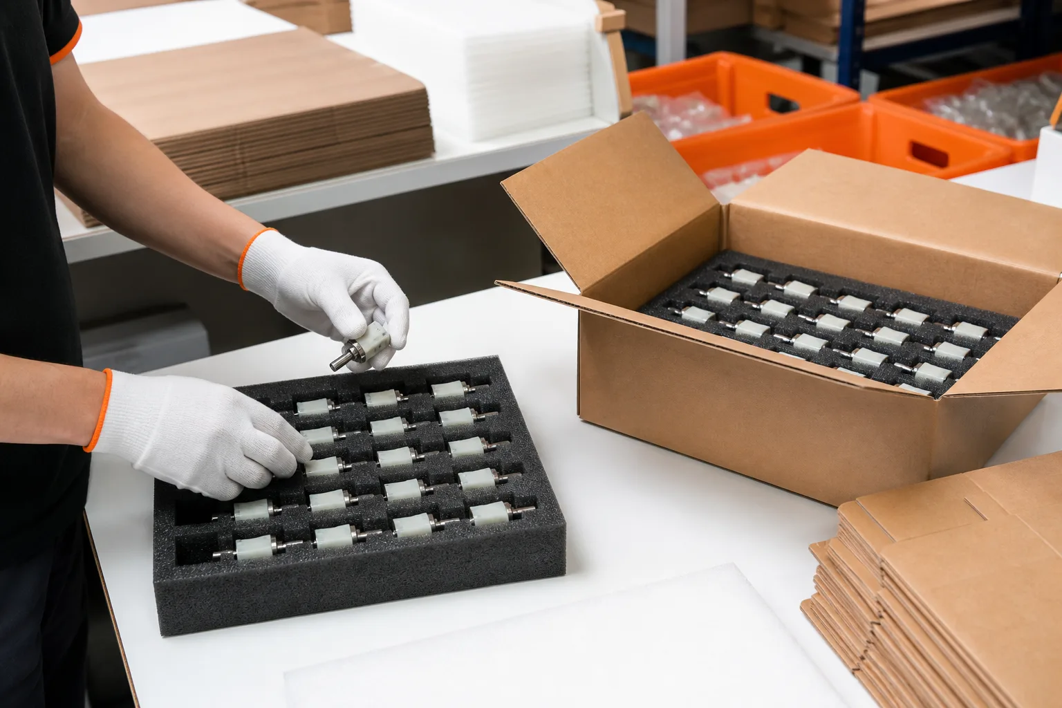 Finished wax motor thermoactuators packed in protective trays for delivery