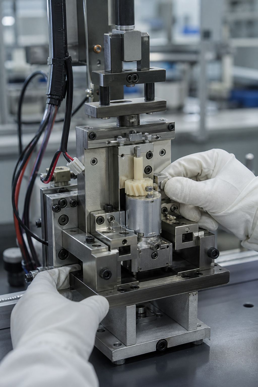 Precision wax motor assembly fixture operated by gloved technician hands