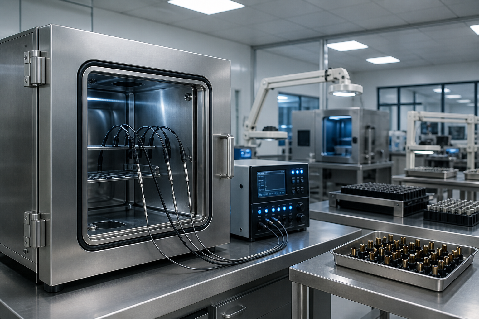 Temperature control chamber and monitoring equipment in a production laboratory