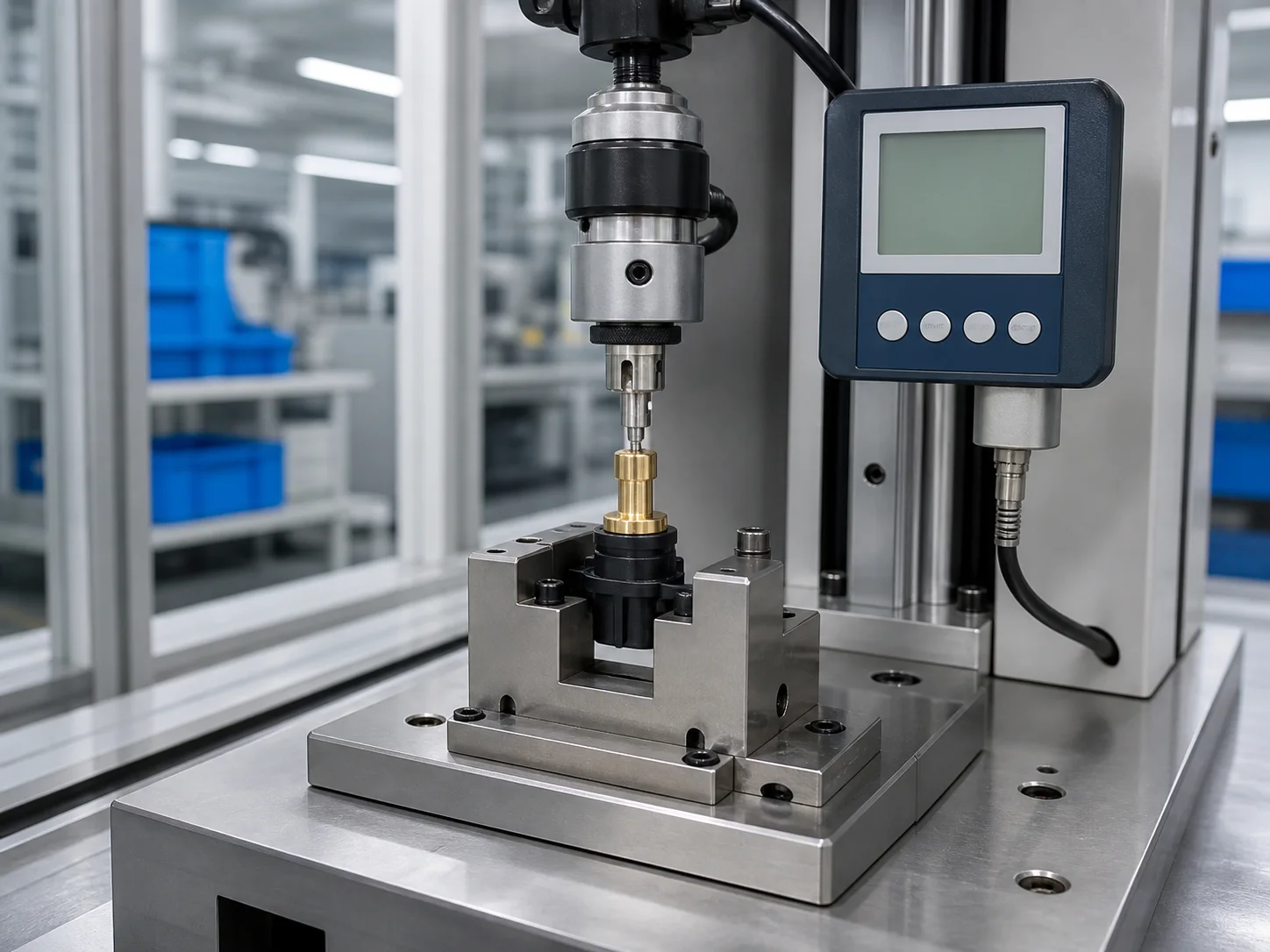 Force test fixture measuring a wax motor actuator in a quality laboratory